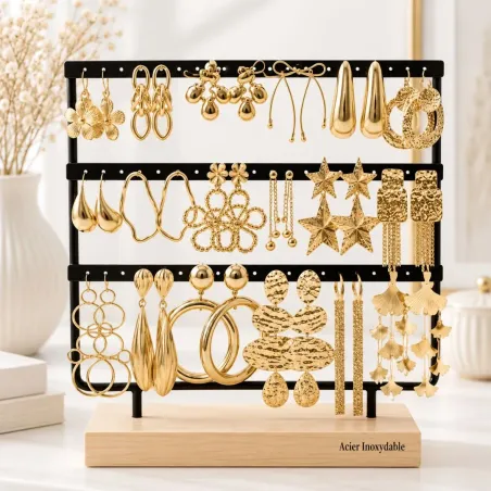 Pack de 18 Paires de Boucles d'Oreilles en Acier Inoxydable Doré sur Présentoir