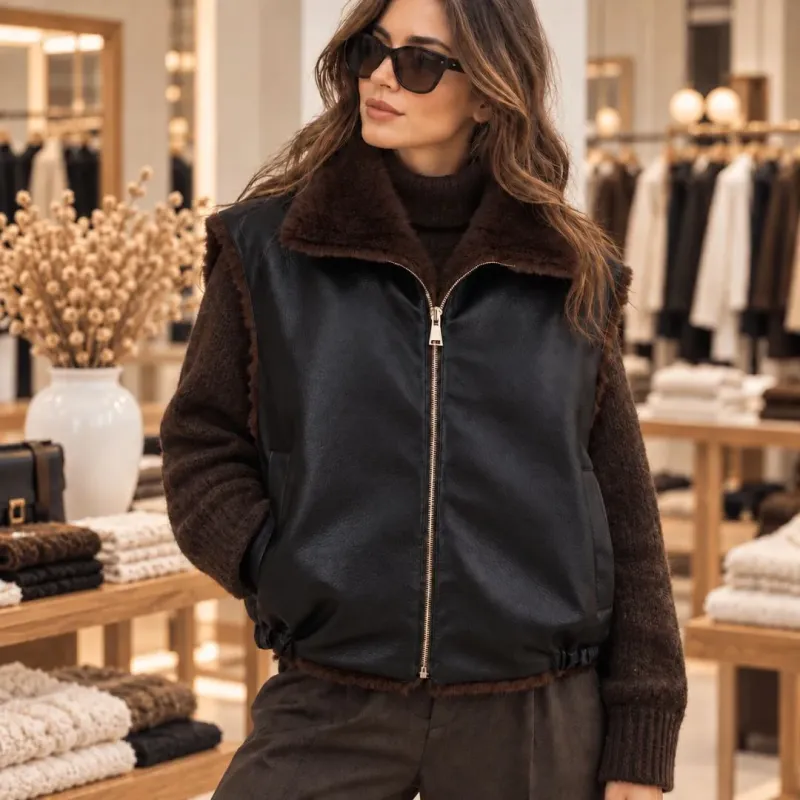 Veste sans manches réversible effet cuir & fausse fourrure