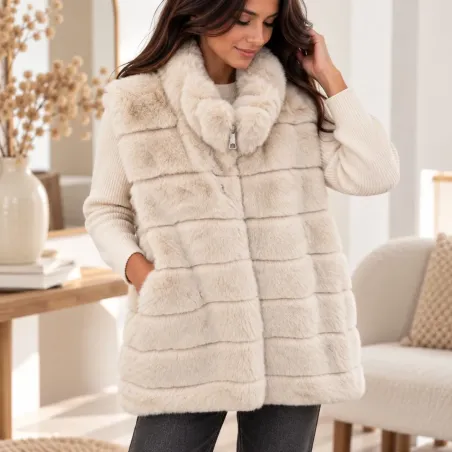 Gilet long tendance sans manches fausse fourrure