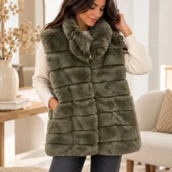 Gilet long tendance sans manches fausse fourrure