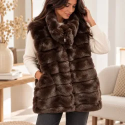 Gilet long tendance sans manches fausse fourrure
