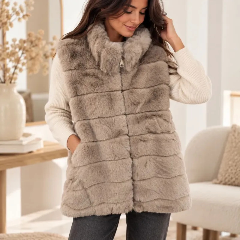 Gilet long tendance sans manches fausse fourrure