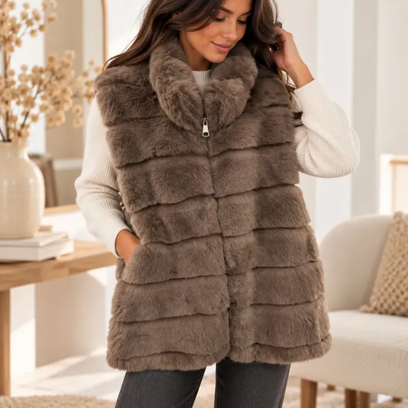 Gilet long tendance sans manches fausse fourrure