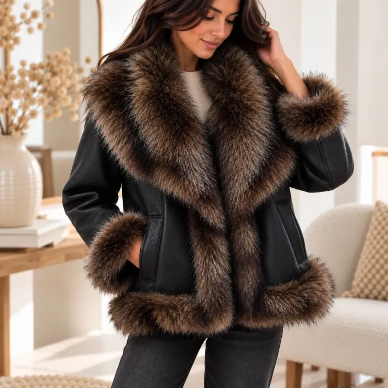 Veste réversible effet cuir & fausse fourrure
