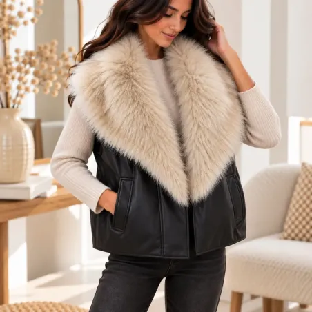 Veste sans manches réversible effet cuir & fausse fourrure