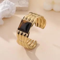 Bracelet jonc doré acier inoxydable cabochon
