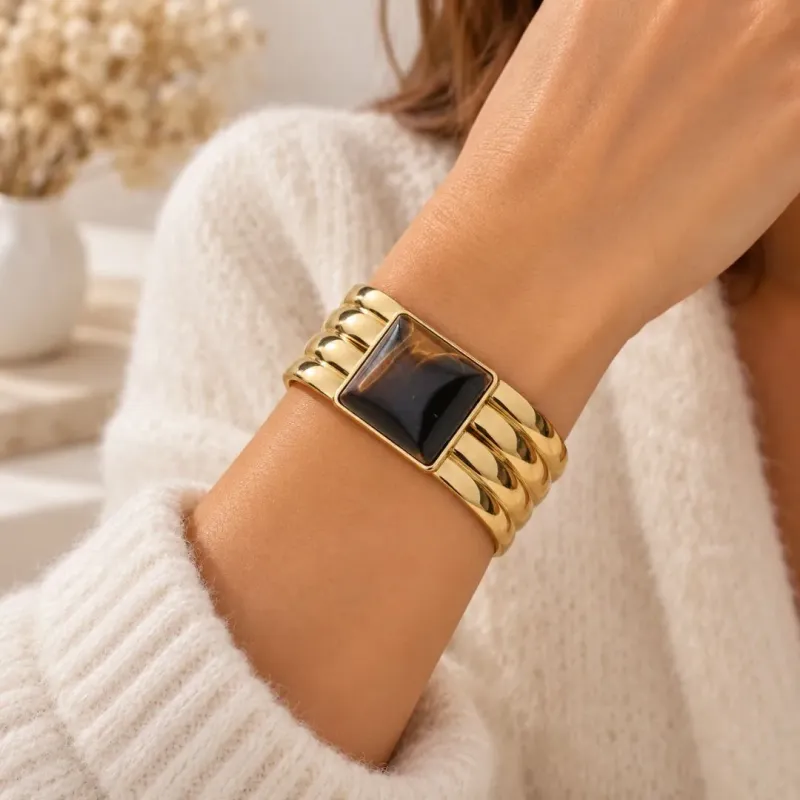 Bracelet jonc doré acier inoxydable cabochon