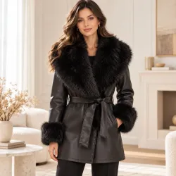 Manteau effet cuir fausse fourrure avec ceinture