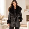 Manteau effet cuir fausse fourrure avec ceinture