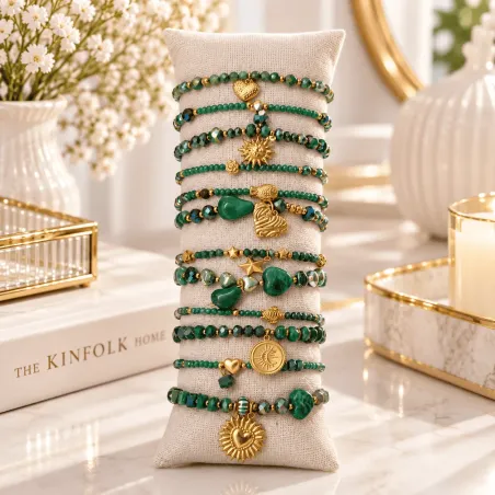 Pack de 12 bracelets cristal de verre et acier - vert