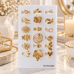 Pack de 18 bagues ajustables en acier inoxydable doré avec présentoir | Grossiste bijoux femme