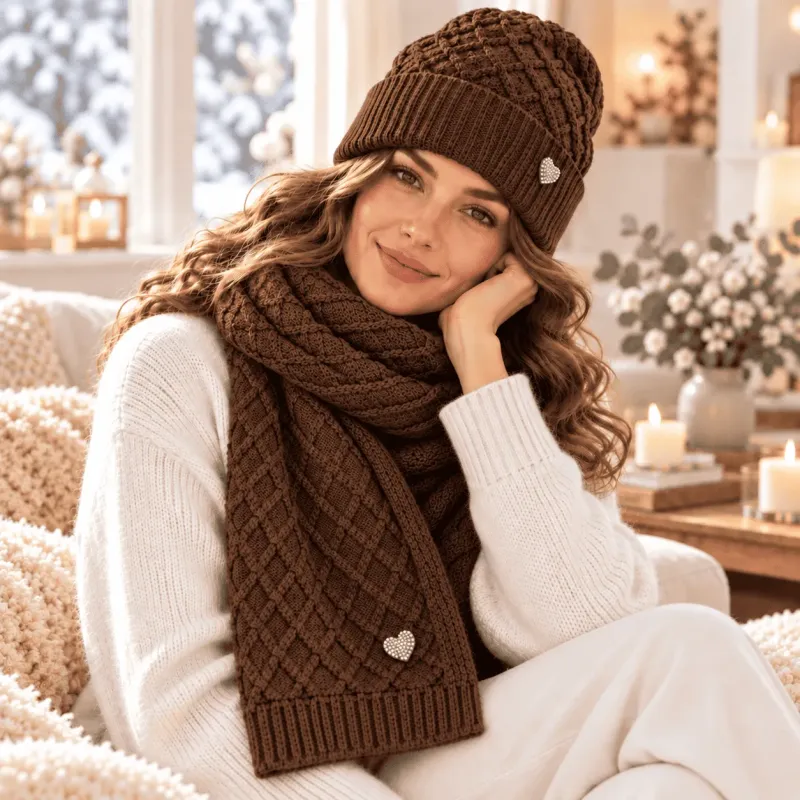 Ensemble bonnet écharpe femme cœur strass – Laine
