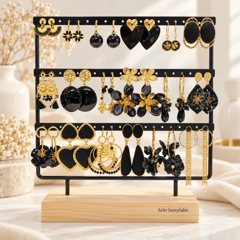 Pack de 18 boucles d'oreilles acier - NOIR