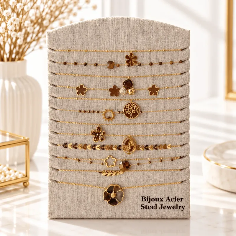 Pack 12 Colliers Acier Inoxydable Marron & Doré | Grossiste Bijoux