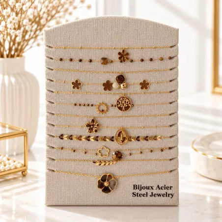 Pack 12 Colliers Acier Inoxydable Marron & Doré | Grossiste Bijoux