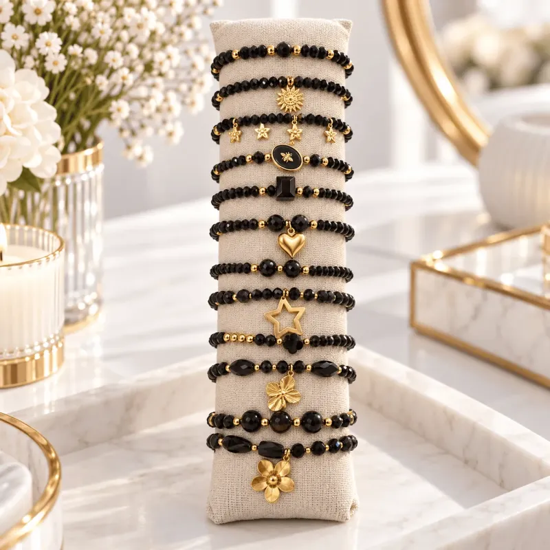 Pack de 12 bracelets cristal de verre et acier - noir
