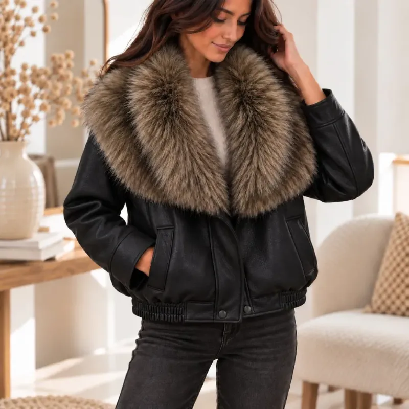 Veste effet cuir avec col en fausse fourrure