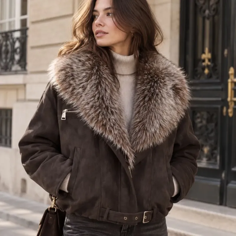 Veste effet suédine à col en fausse fourrure