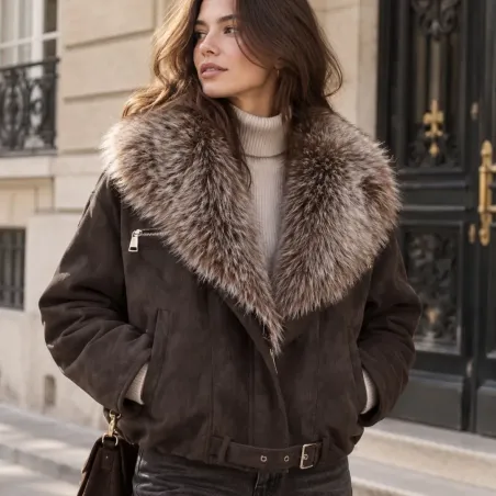 Veste effet suédine à col en fausse fourrure
