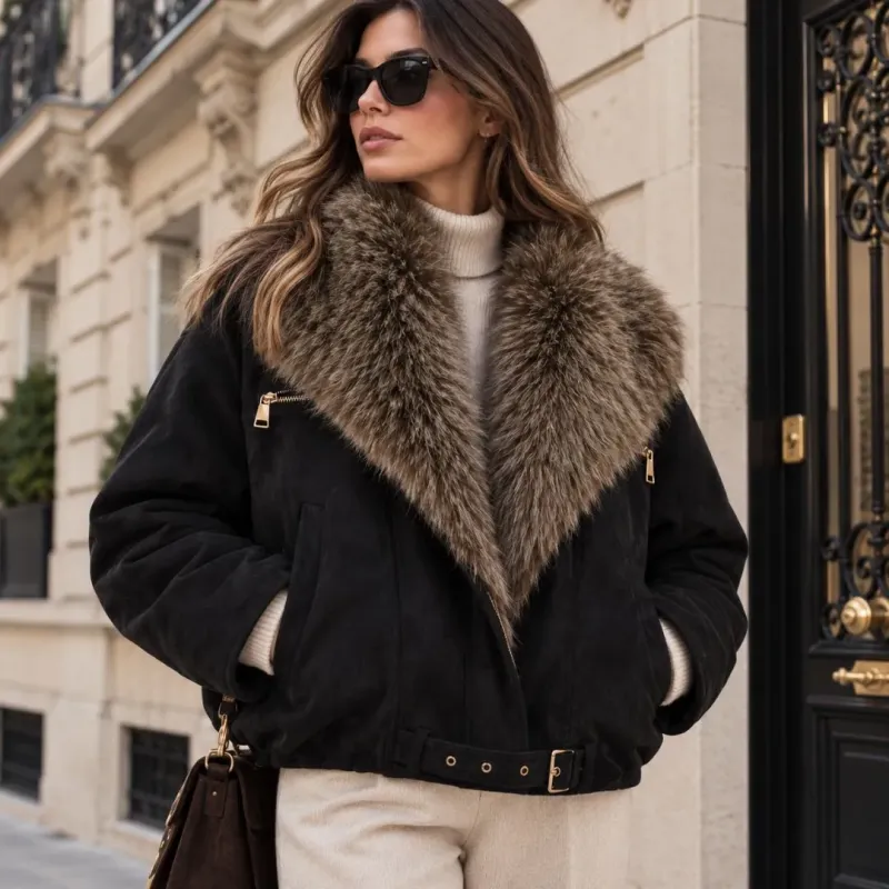 Veste effet suédine à col en fausse fourrure