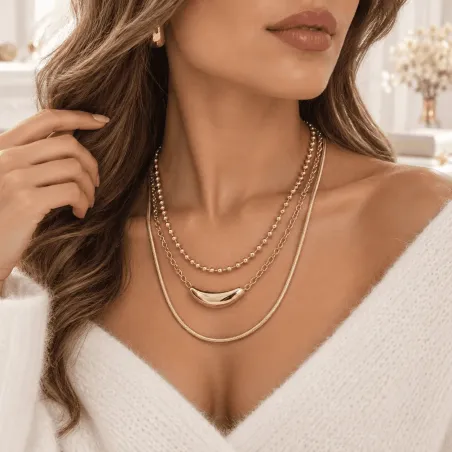 Collier 3 Rangs Acier Inoxydable Doré – Grossiste Bijoux