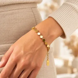 Bracelet en acier inoxydable doré – Pastilles rondes et perles