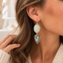 Boucles d’oreilles pendantes acier inoxydable doré | Marron & Vert