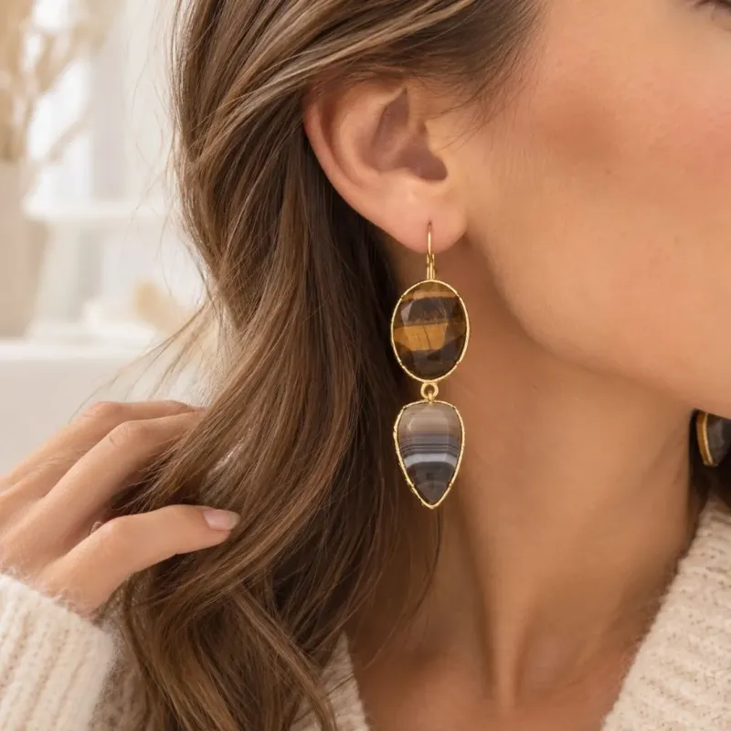Boucles d’oreilles pendantes acier inoxydable doré | Marron & Vert