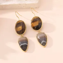 Boucles d’oreilles pendantes acier inoxydable doré | Marron & Vert