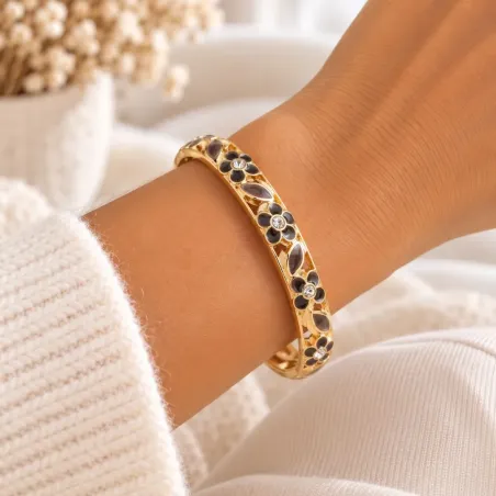 Bracelet Jonc Fleuri Laiton Doré Émail et Strass | Grossiste