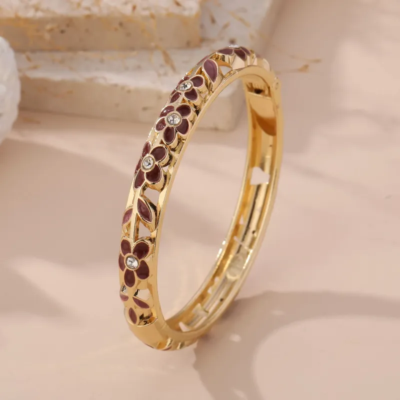Bracelet Jonc Fleuri Laiton Doré Émail et Strass | Grossiste