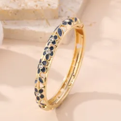 Bracelet Jonc Fleuri Laiton Doré Émail et Strass | Grossiste