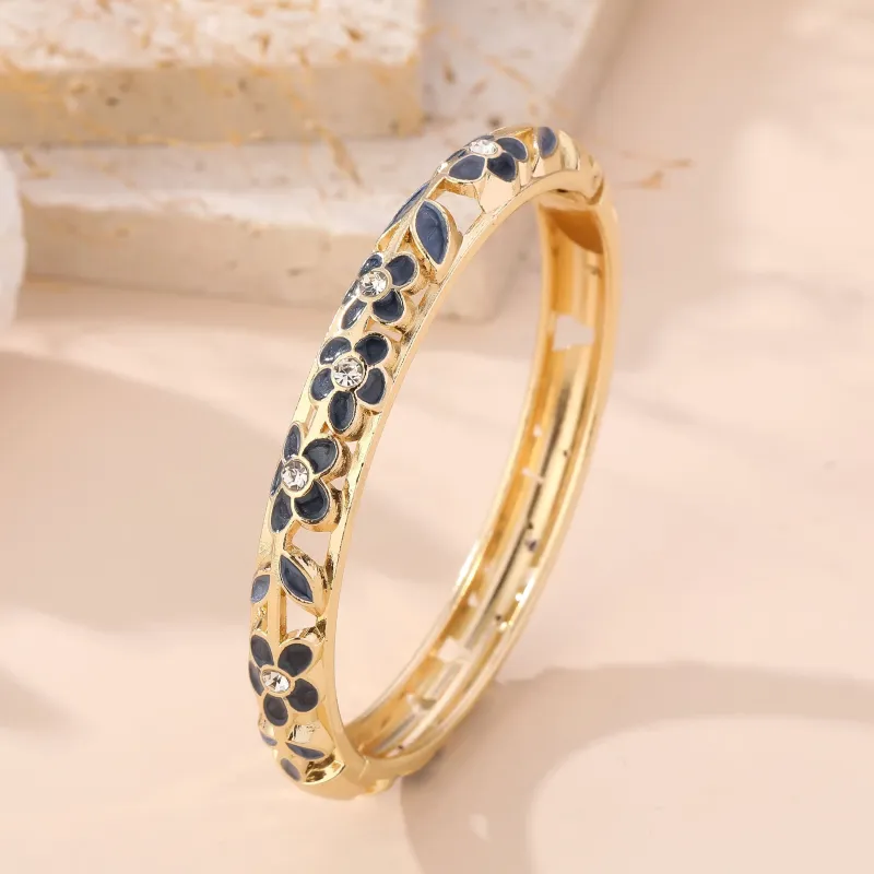 Bracelet Jonc Fleuri Laiton Doré Émail et Strass | Grossiste