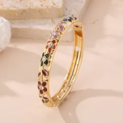Bracelet Jonc Fleuri Laiton Doré Émail et Strass | Grossiste