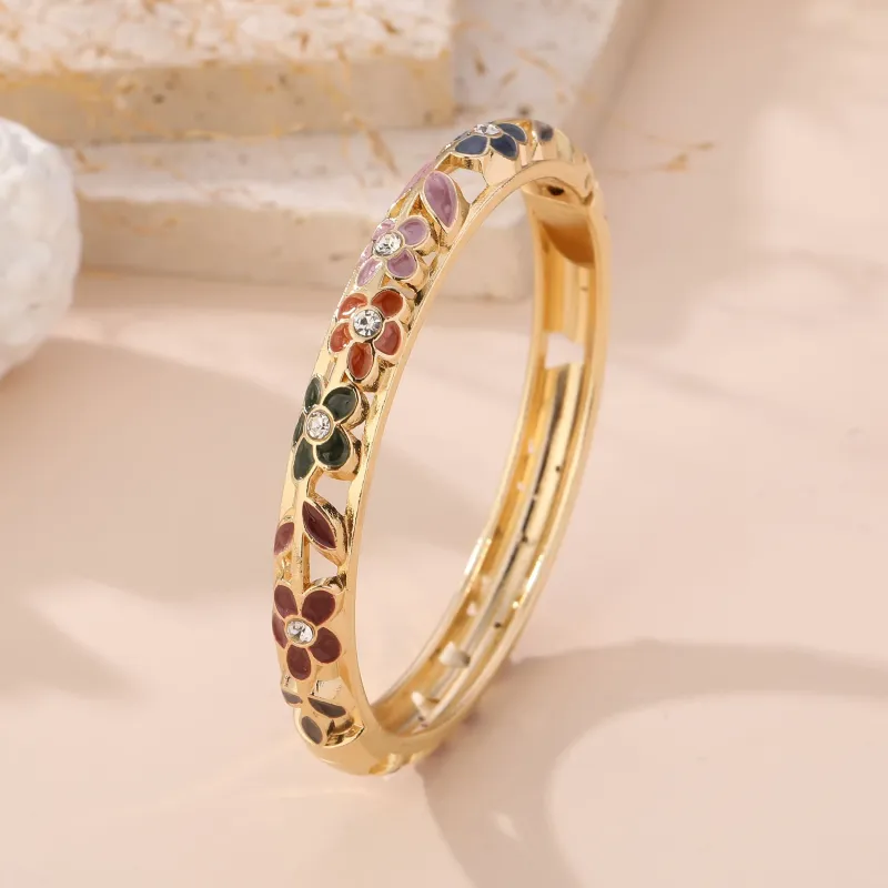Bracelet Jonc Fleuri Laiton Doré Émail et Strass | Grossiste