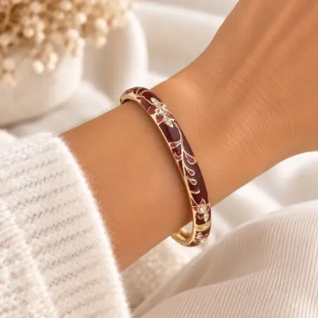 Bracelet jonc doré émaillé à motifs fleuris et strass