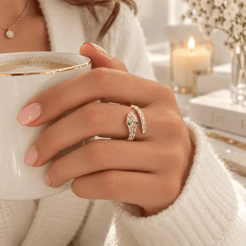 Bague Serpent Dorée Ajustable en Acier Inoxydable et Strass