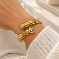 Bracelet Jonc Doré Acier Inoxydable – Turquoise Africaine ou Œil de Tigre