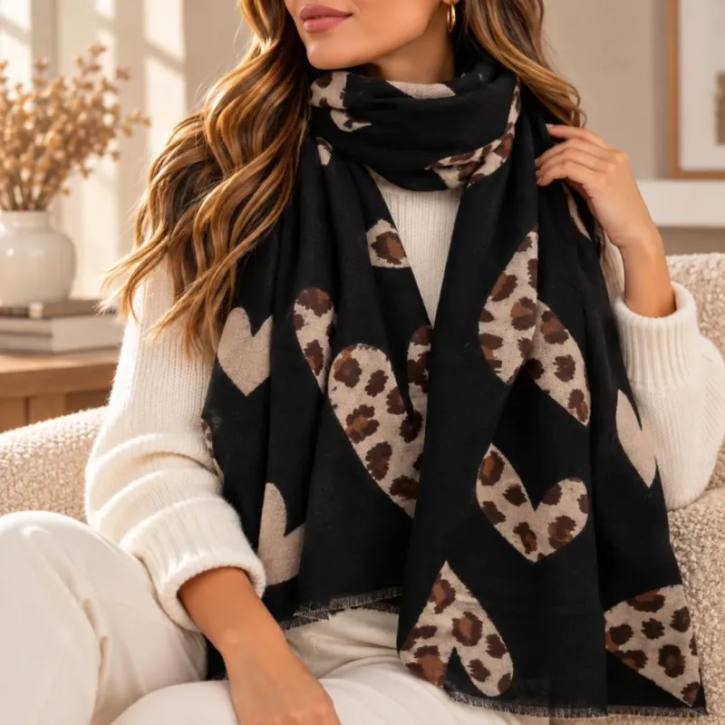 Écharpe Femme Motif Cœurs Léopard – 100 % Viscose