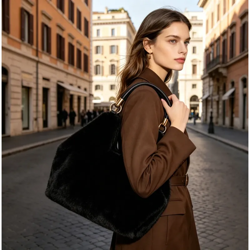 Sac Cabas Fausse Fourrure Femme 33x30 cm | Grossiste