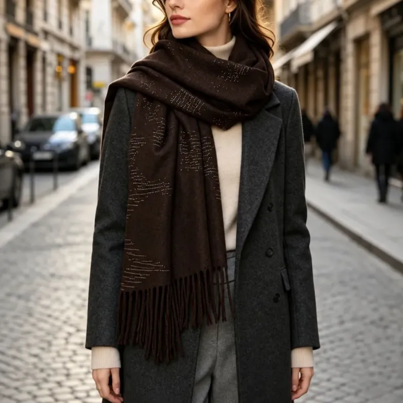 Écharpe motifs scintillants et franges 20% laine