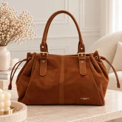 Grand sac à main aspect daim et détails dorés