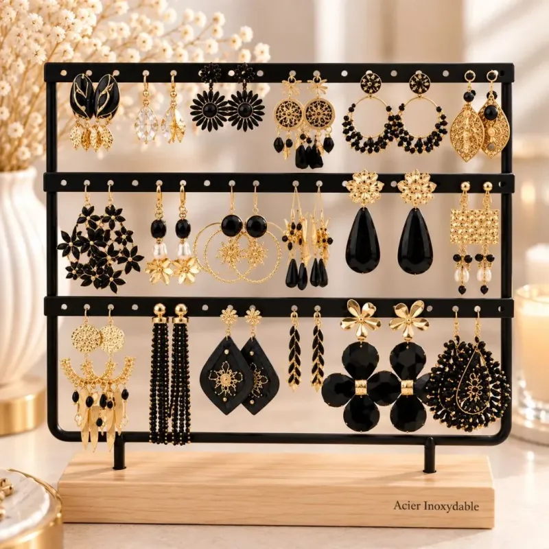 Pack de 18 boucles d'oreilles acier - NOIR