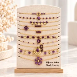 Pack 12 colliers acier inoxydable violet prune et doré