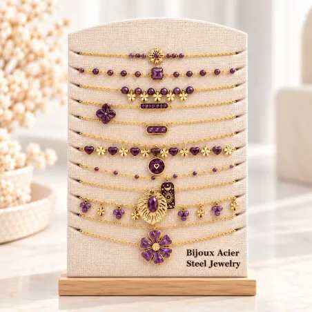 Pack 12 colliers acier inoxydable violet prune et doré