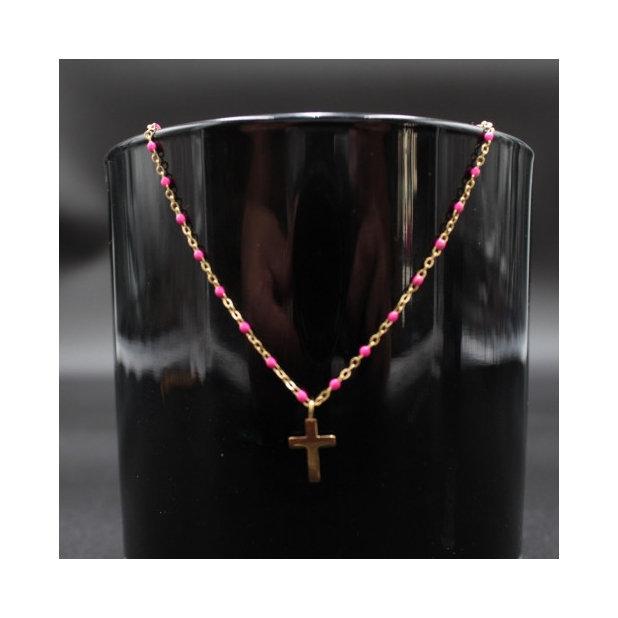 Collier acier tendance avec perles et croix - FUSHIA