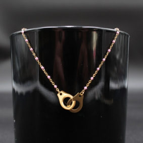 Collier acier tendance avec perles et menotte - doré rose