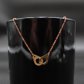 Collier acier tendance avec perles et menotte - doré rouge