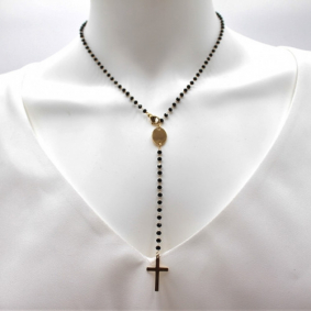 Collier acier et cristal noir pendentif croix - doré