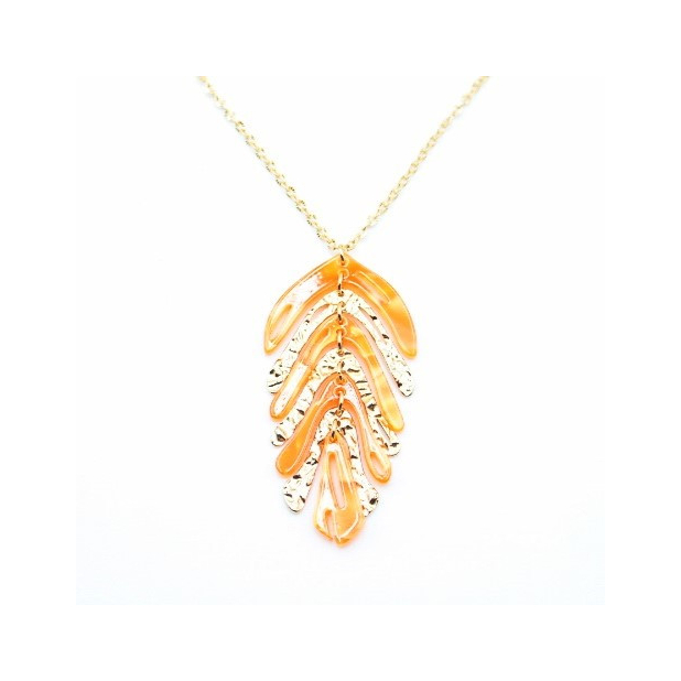 Sautoir acier avec pendentif feuille de couleur